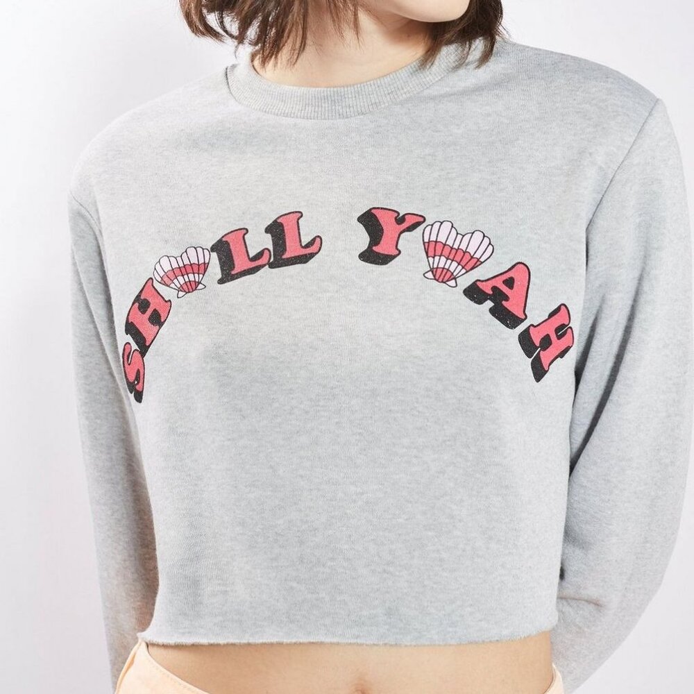 Tee and Cake Topshop Shall Yeah Shell Graphic Cropped Sweatshirt Gray US 6